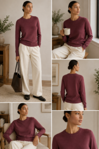 Woman over 40 wearing a rich emerald-colored knit fall sweater