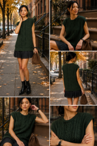 Woman over 40 in a sweater dress styled with boots and a belt