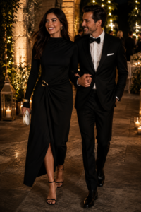 Woman over 40 in a long-sleeve midi fall wedding guest dress with a defined waist