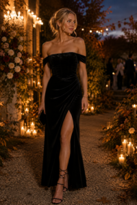 Woman over 40 wearing a velvet maxi fall wedding guest dress