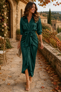 Woman over 40 in an emerald wrap dress for a fall wedding