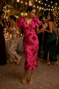 Woman over 40 in a puff-sleeve midi fall wedding guest dress