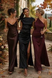 Woman over 40 wearing a black column dress with a detailed neckline for a wedding