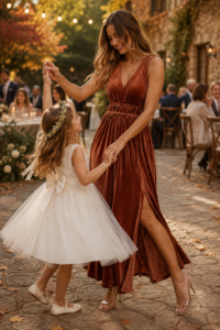 Woman over 40 in a rust maxi fall wedding guest dress