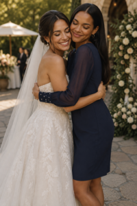 Woman over 40 wearing a navy long-sleeve sheath wedding guest dress