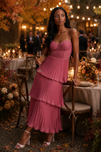 Woman over 40 wearing a pleated midi fall wedding guest dress