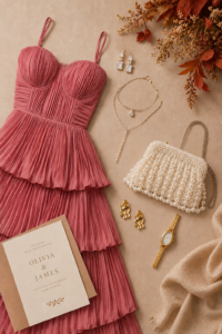 Fall wedding guest accessories over 40: block heel, wrap, gold jewelry and a clutch