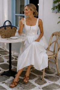 Woman over 40 in a white sundress with a straw tote at a whitewashed Greek cafe