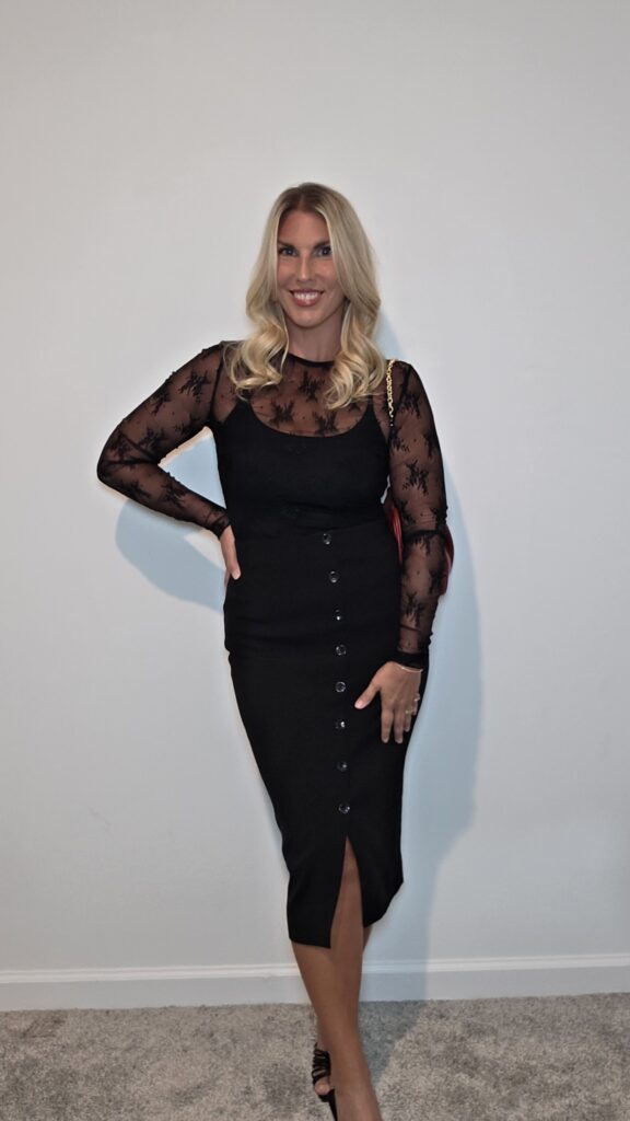 All-black sheer mesh top look with a black brami and a midi skirt