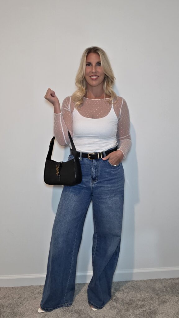 White dot mesh top over a white brami with wide-leg jeans
