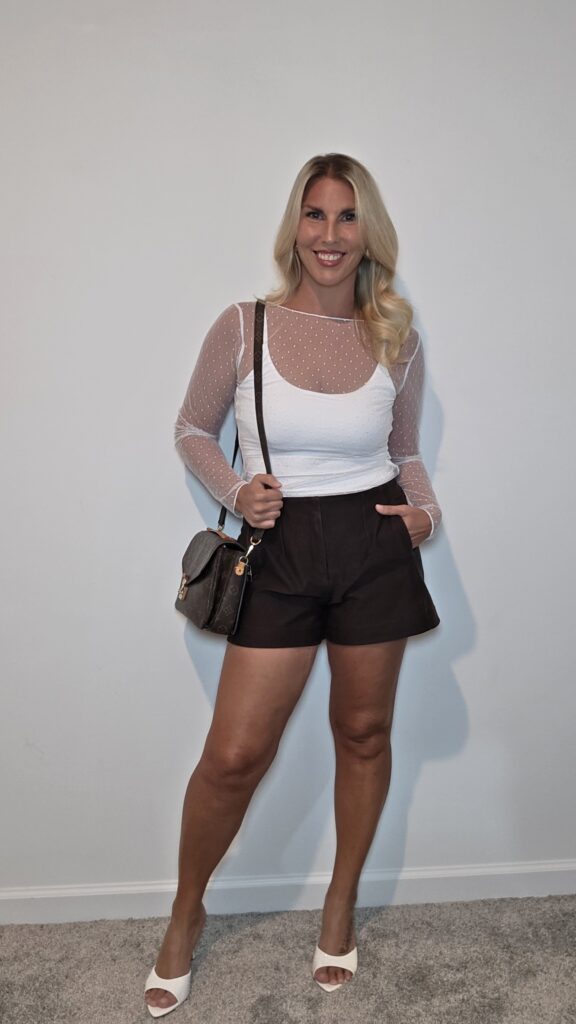 White sheer mesh top over a brami with tailored shorts