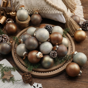 Neutral Christmas ornaments in cream gold and bronze