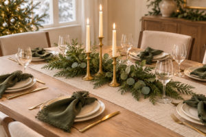 Elegant Christmas table with greenery brass candleholders and neutral linens