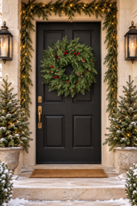 Elegant neutral Christmas entryway with greenery and lanterns