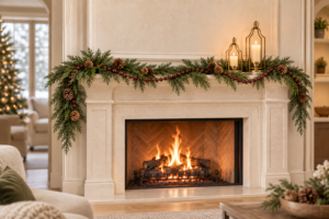 Quiet luxury Christmas mantel with layered cedar garland