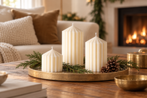 White pillar candles and warm ambient lighting for holiday decor