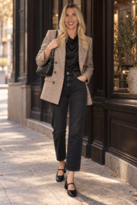 Woman over 40 wearing a blazer over a black top and black trousers