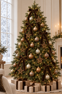 Quiet luxury Christmas tree with neutral ornaments and brown velvet ribbon