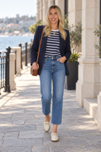 Woman over 40 wearing a navy blazer, striped top, cropped jeans and loafers