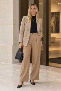 Woman over 40 wearing a camel blazer with relaxed trousers and a black bodysuit